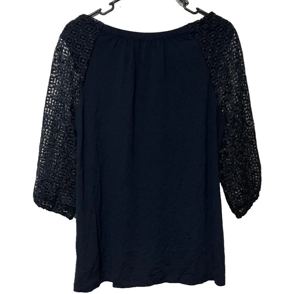 Talbots Plus Women's Size X Navy Blue Blouse Crochet Gothic Laced 3/4 Sleeves - Picture 3 of 8